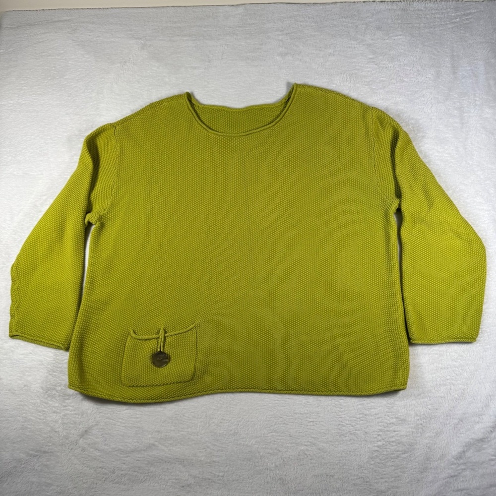 J Jill Lime Green Heavy Knit Cotton Sweater XL Lagenlook Boxy Pocket Detail